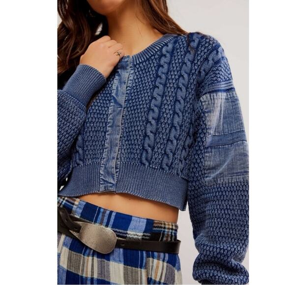 Free People Patchwork Chunky Cable Knit Heritage Cardi Cardigan Sweater Size XL - Picture 3 of 14